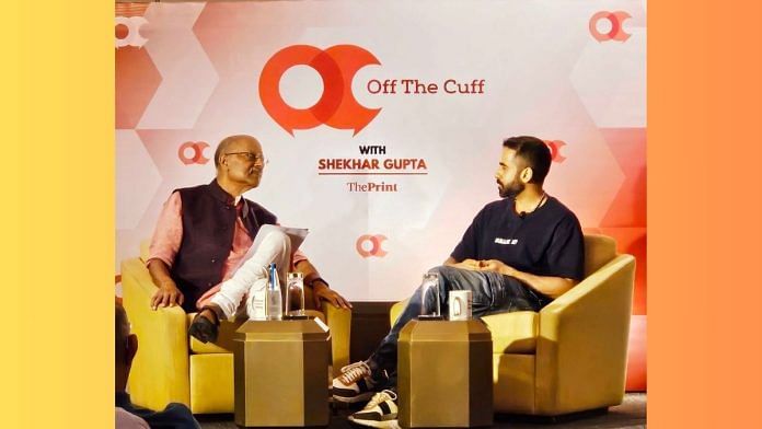 Zerodha co-founder Nikhil Kamath in conversation with ThePrint Editor-in-Chief Shekhar Gupta | Credit: Sajid Ali/ThePrint