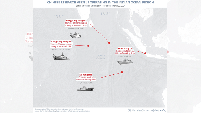 Chinese research vessels operating in the Indian Ocean Region on 22nd March | X (formerly Twitter)/ @detresfa_