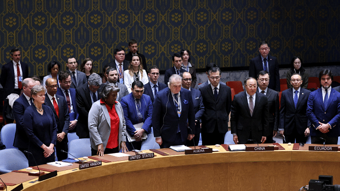 Members of UN Security Council stand in silence, in honor of the victims of the Moscow attack, on the day of a vote on a Gaza resolution that demands an immediate ceasefire and unconditional release of all hostages, at U.N. headquarters, U.S., on 25th March | Reuters/Andrew Kelly