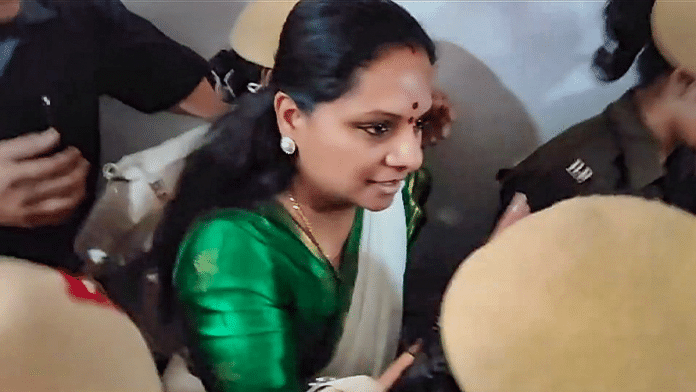BRS leader K. Kavitha being produced at Rouse Avenue Court in connection with the Delhi excise policy-linked money laundering case, in New Delhi, on 26th March | PTI