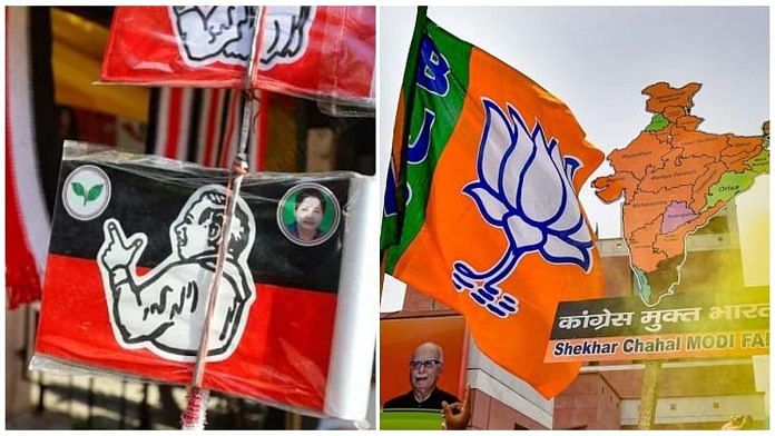 (Left) The AIADMK flag (photo: Manisha Mondal/ThePrint) & a BJP flag (photo: PTI)
