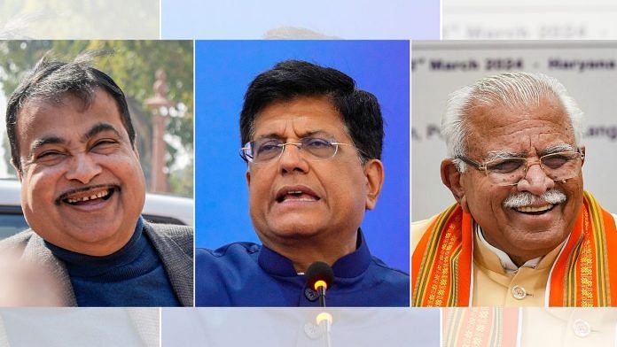 this combo of file photos of (L-R) Union Ministers Nitin Gadkari and Piyush Goyal, and former Haryana chief minister Manohar Lal Khattar. Gadkari, Goyal and Khattar all figured in the BJP's second list of 72 candidates for the Lok Sabha elections announced on Wednesday, March 13, 2024 | PTI