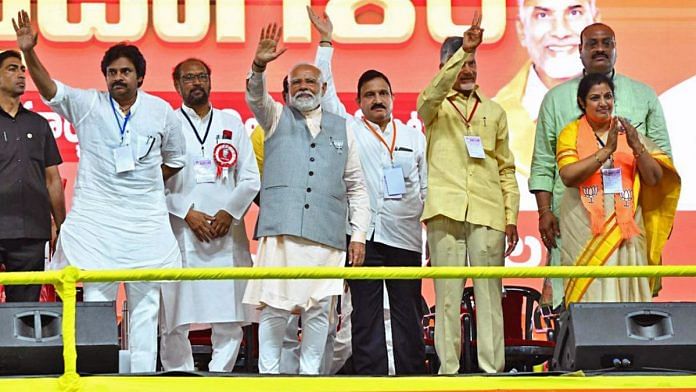 Prime Minister Narendra Modi with Telugu Desam Party (TDP) chief Chandrababu Naidu, Jana Sena Party president Pawan Kalyan, and Bharatiya Janata Party (BJP) Andhra Pradesh President Daggubati Purandeswari in Palnadu on Sunday | ANI