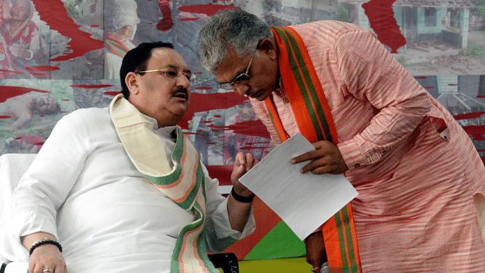 File photo of BJP national president J.P. Nadda with party MP Dilip Ghosh | ANI