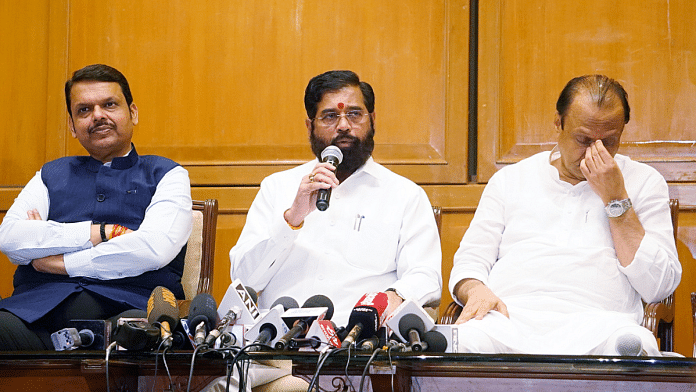 File photo of Maharashtra Chief Minister Eknath Shinde addressing a joint press conference with Deputy CMs Devendra Fadnavis and Ajit Pawar | ANI