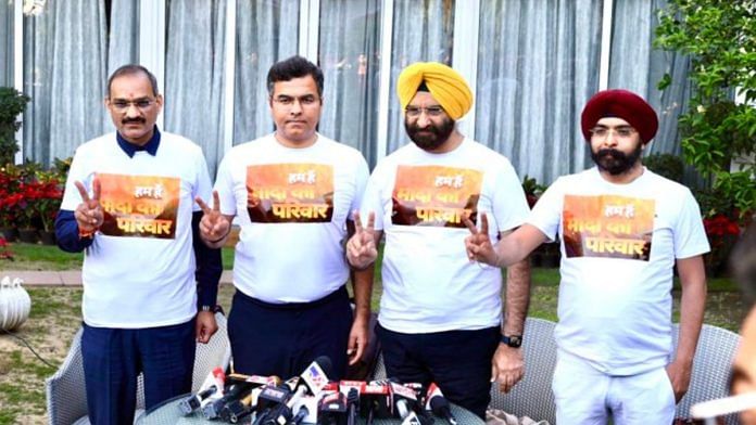 BJP leaders (L-R) Anil Sharma, Parvesh Verma, Manjinder Singh Sirsa & Tajinder Baggalaunched 'Modi Ka Parivar' campaign in New Delhi, Monday | X @p_sahibsingh