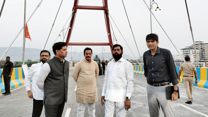 File photo of Maharashtra Chief Minister Eknath Shinde along with son Shrikant (second from left) at inauguration of Kalwa bridge | ANI