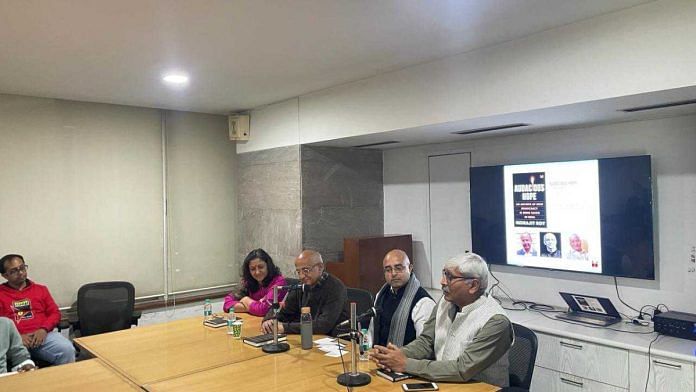 From L to R: Karthika VK, Publisher, Westland; Harsh Mander; Indrajit Roy; Professor Apoorvanand | Photo: Debdutta Chakraborty, ThePrint