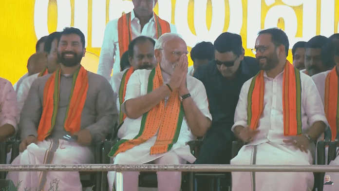PM Narendra Modi during his campaign for BJP candidate Anil Antony (left) in Pathanamthitta | Pic credit: X/@surendranbjp