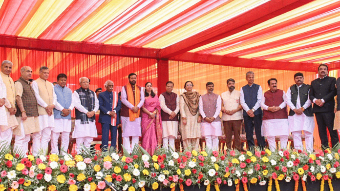 Haryana CM Nayab Singh Saini, his predecessor M.L. Khattar, Governor Bandaru Dattatreya and ministers after the swearing-in ceremony Tuesday | Pic credit: X/@mlkhattar