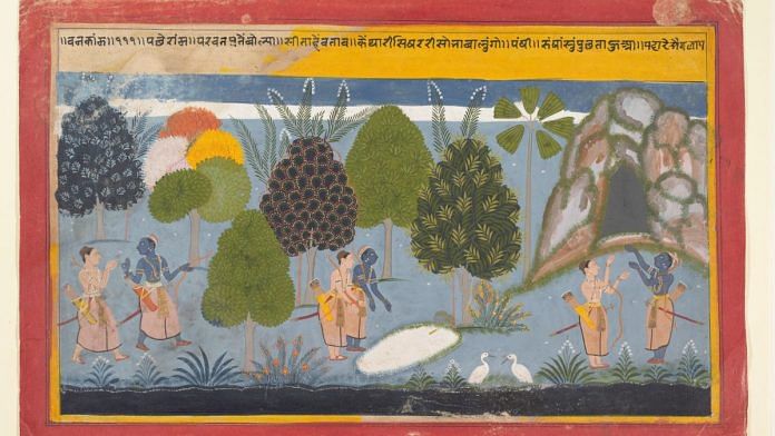 Rama and Lakshmana Search in Vain for Sita (Illustrated folio from a dispersed Ramayana series), Mewar, Rajasthan, India, c. 1680–90 Ink and opaque watercolour on paper, 26 x 41.3 cm, Image courtesy of The Metropolitan Museum of Art, New York