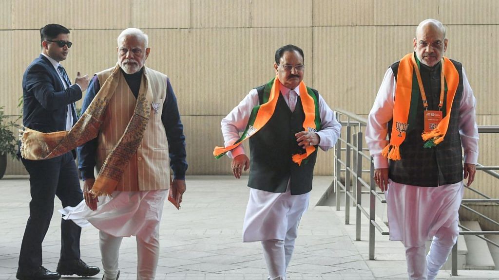 File photo of PM Modi, BJP President JP Nadda and Home Minister Amit Shah | Representational image | ANI