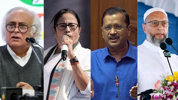 Opposition leaders Jairam Ramesh, Mamata Banerjee, Arvind Kejriwal and Asaduddin Owaisi | ANI file photos