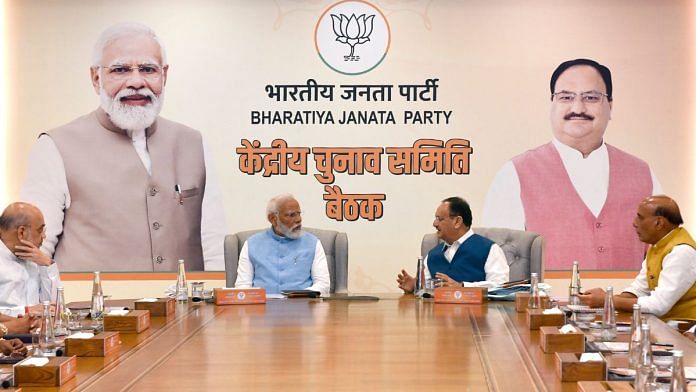 Prime Minister Narendra Modi along with BJP National President JP Nadda, Union Home Minister Amit Shah, Defence Minister Rajnath Singh at the BJP Central Election Committee (CEC) meeting | ANI