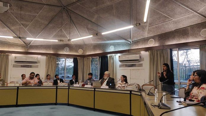 Arghya Sengupta, founder of Vidhi Centre for Legal Policy, Justice Sanjib Banerjee and Varsha Banta, Research Fellow, Corporate Law at Vidhi (left to right, head table) at a discussion of Group of Companies doctrine | Apoorva Mandhani | ThePrint