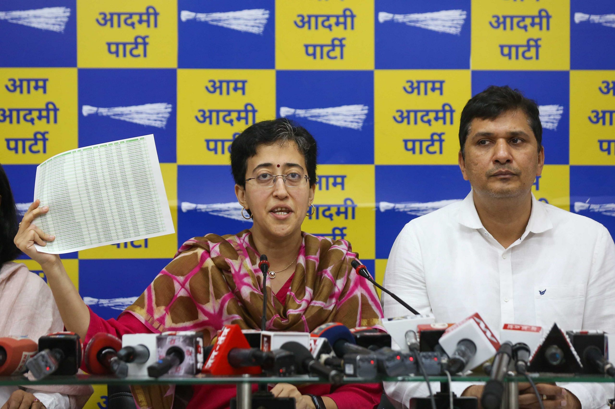 AAP leaders Atishi Marlena and Saurabh Bhardwaj address a press conference at the AAP office in New Delhi on Saturday | Suraj Singh Bisht | ThePrint