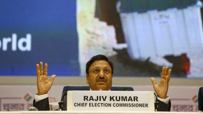 Chief Election Commissioner Rajiv Kumar announces the dates for the Lok Sabha polls at a press conference in New Delhi on Saturday | Suraj Singh Bisht | ThePrint
