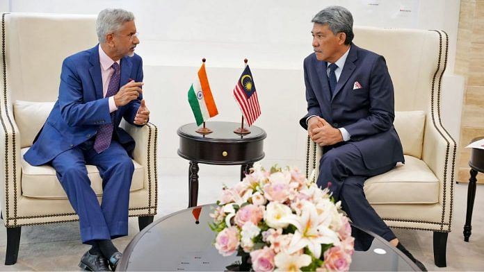 External Affairs Minister S Jaishankar meets Malaysian Foreign Minister Mohamad Haji Hasan, on Wednesday. (ANI Photo)
