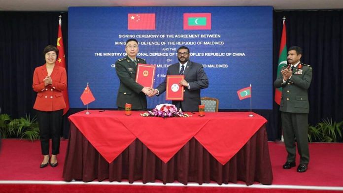 Maldivian Defence Minister Mohamed Ghassan Maumoon and China's Major General Zhang Baoqun after signing the military assistance agreement on 4 March | X/MoDmv