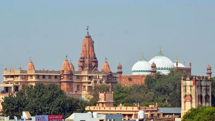 A view of the Krishna Janmasthan Temple Complex and Shahi Eidgah Mosque, in Mathura on Saturday. Mathura local court passes an order in the Krishna Janmabhoomi-Shahi Idgah case to survey the disputed site, 24 December, 2022 | ANI