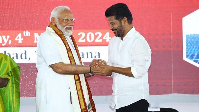 Prime Minister Narendra Modi being greeted by Telangana CM Revanth Reddy in Adilabad, 4 March | Photo: by special arrangement