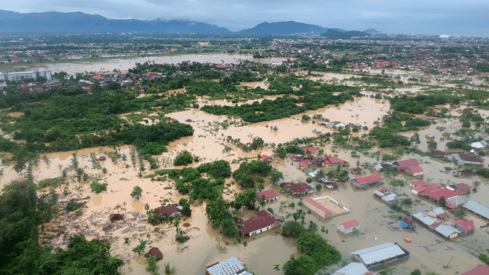 A drone view shows a residential area affected by floods due to heavy rains in Padang, West Sumatra province, Indonesia, March 8, 2024, in this photo. | Antara Foto/Iggoy el Fitra/ via Reuters