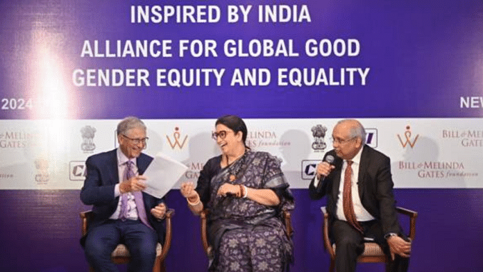 (from left to right) Bill Gates, Smriti Irani and Chandrajit Banerjee at the launch of logo and website for the Alliance for Global Good on 28 February | PIB