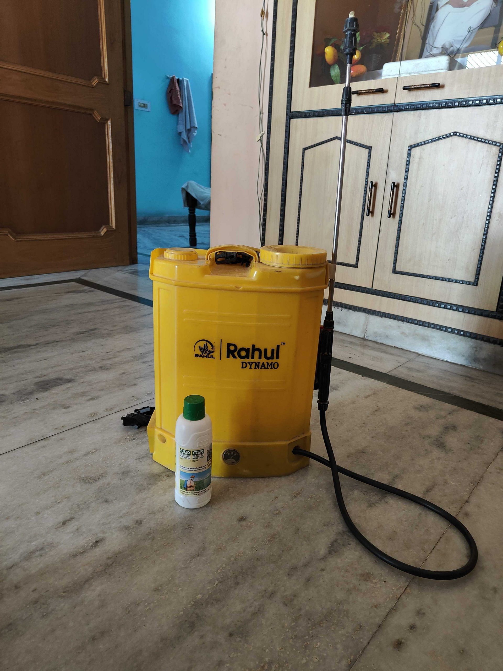 A typical 16-litre nano urea tank and spray pump | TCA Sharad Raghavan | ThePrint