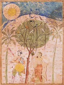A Traveler Persuades Lorik to Return Home (top); Chanda Objects (bottom), from a Chandayana manuscript (Story of Chanda),Sultanate India, 1525–40, Gum tempera, ink, and gold on paper, 25.5 x 20 cm, Image courtesy of the Cleveland Museum of Art