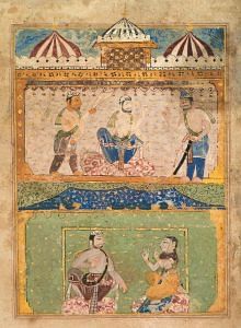 A Traveler Persuades Lorik to Return Home (top); Chanda Objects (bottom), from a Chandayana manuscript (Story of Chanda),Sultanate India, 1525–40, Gum tempera, ink, and gold on paper, 25.5 x 20 cm, Image courtesy of the Cleveland Museum of Art