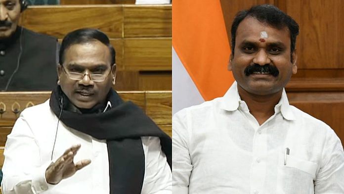 File photos of DMK MP A. Raja (left) and Union minister L. Murugan | ANI & Wiki Commons