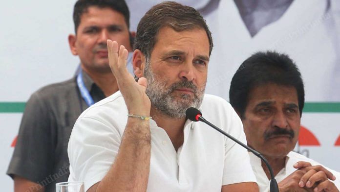 Congress leader Rahul Gandhi addresses the media at the launch of the party's manifesto for the 2024 Lok Sabha elections, at AICC headquarters in New Delhi on Friday | Photo: Praveen Jain/ThePrint