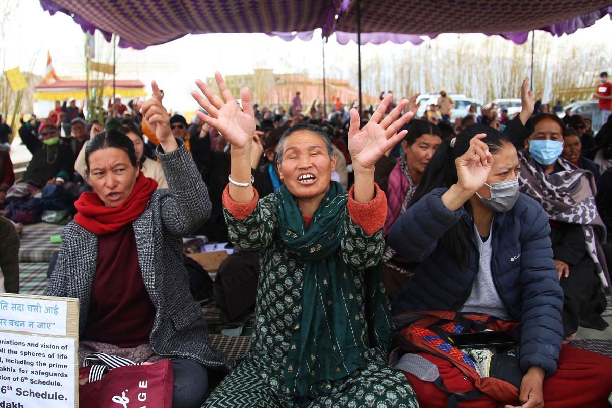 Ladakhis at the protest site in Leh | Manisha Mondal | ThePrint