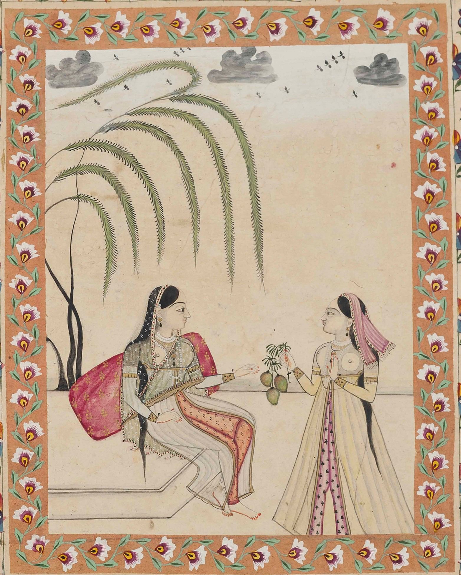 Two Ladies Sharing Mangoes, Kulu, PunjabHills, c. 1800, Opaque pigments heightened with gold on paper, 19.6 × 14.3cm, Image courtesy of Christie's.