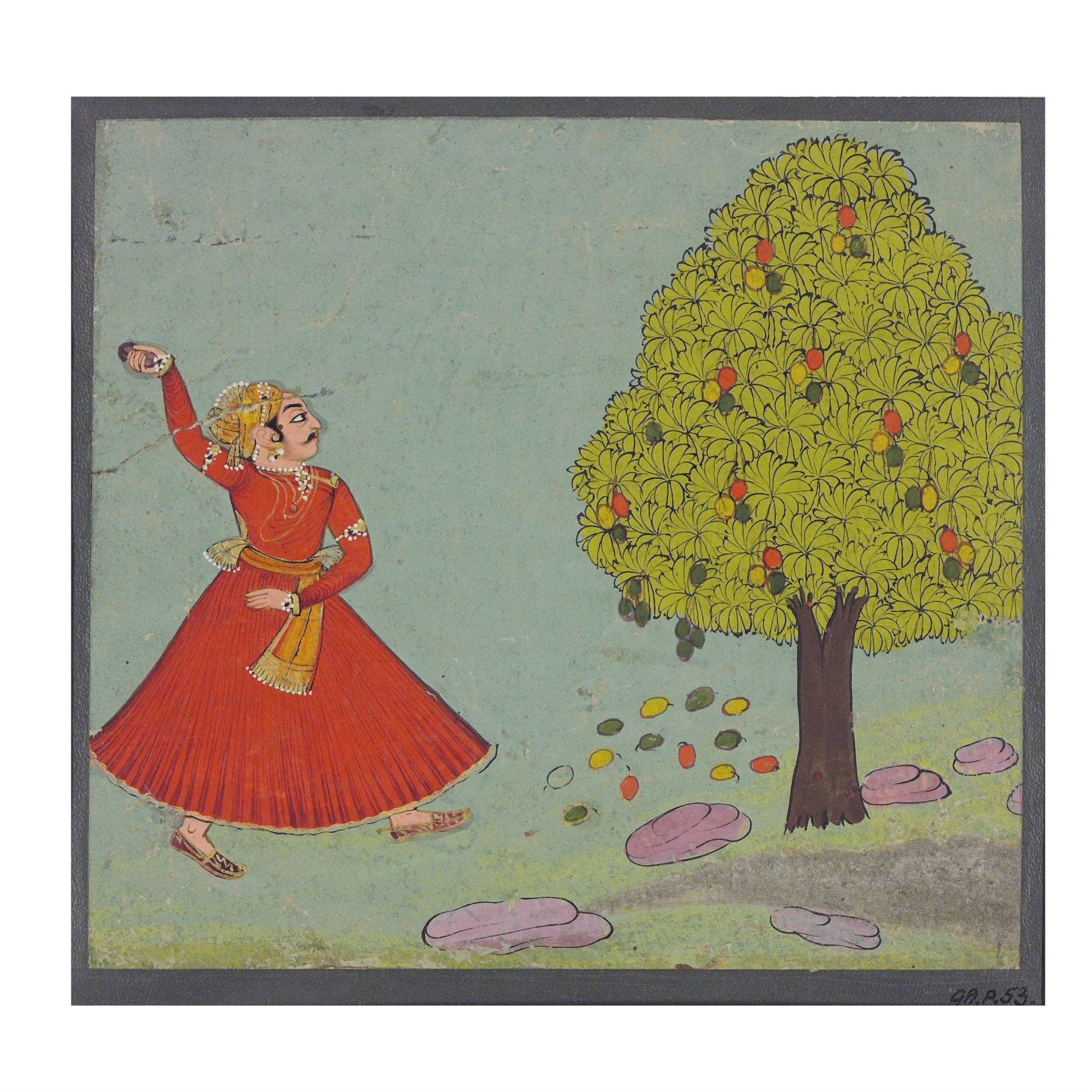 A Man Hurling a Stone at a Mango Tree, Bundi, c. 1850, Opaque watercolour onpaper, 21.6 cm, Image courtesy of Victoria and Albert Museum.