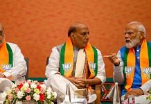 Home Minister Amit Shah, Defense Minister Rajnath Singh and Prime Minister Narendra Modi during launch of the BJP's 2024 manifesto | Suraj Singh Bisht | ThePrint