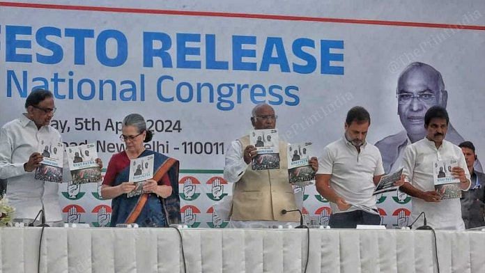 Congress leaders unveiling poll manifesto at party HQ in New Delhi, Friday | Praveen Jain | ThePrint