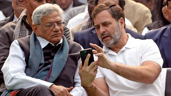 Congress leader Rahul Gandhi (right) in conversation with CPM general secretary Sitaram Yechury in New Delhi last December | Photo: ANI
