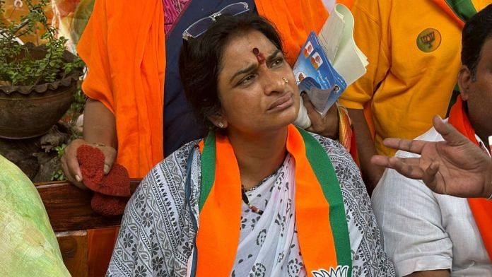 Madhavi Latha, BJP’s parliamentary candidate from Hyderabad seat, during padayatra in the city, Friday | Vandana Menon | ThePrint