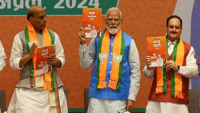 Prime Minister Narendra Modi, Defence Minister Rajnath Singh and BJP national president JP Nadda with the BJP manifesto at the party office in New Delhi Sunday | Suraj Singh Bisht | ThePrint