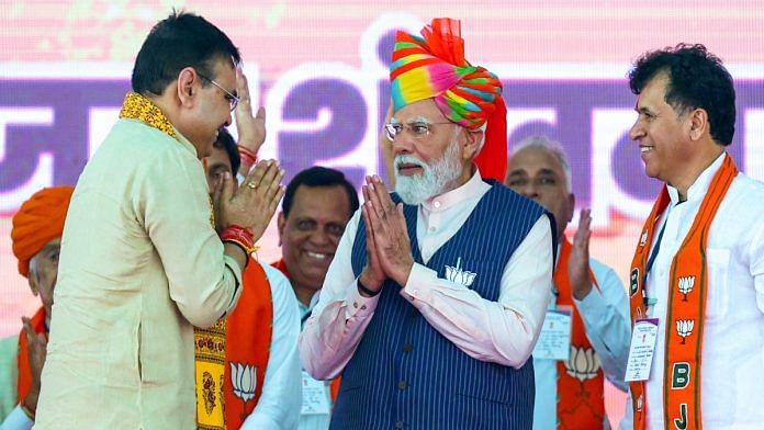 File photo: Prime Minister Narendra Modi with Rajasthan Chief Minister Bhajan Lal Sharma and party leader Kailash Choudhary at a public meeting in Barmer ahead of Lok Sabha polls | ANI