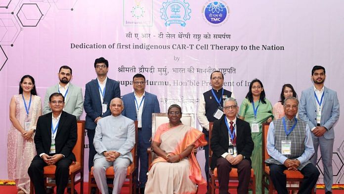 President Droupadi Murmu with Maharashtra Governor Ramesh Bais and other dignitaries at the launch of India's first home-grown gene therapy for cancer, at IIT Bombay, in Mumbai | Photo: ANI