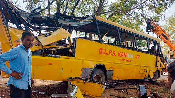 Locals near a damaged school bus after an accident near Mahendragarh, in Narnaul district, Haryana, Thursday, April 11, 2024 | PTI