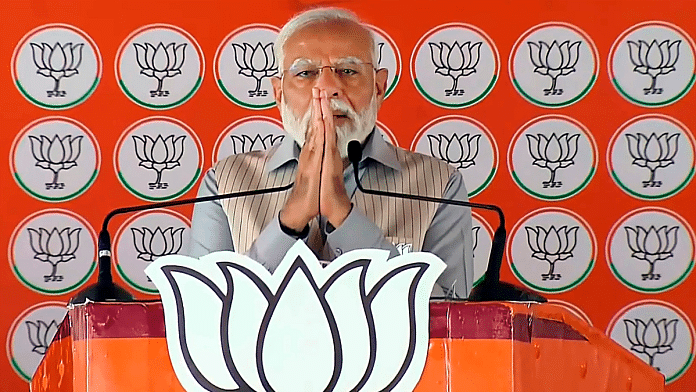 Prime Minister Narendra Modi speaks during a public meeting, ahead of Lok Sabha elections, in Saharanpur, Saturday on 6th April | Photo: PTI