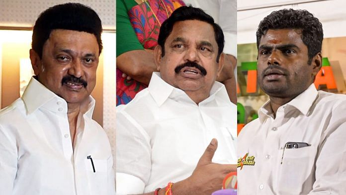 (Left to right) DMK's M.K. Stalin, AIADMK's Edappadi K. Palaniswami and BJP's K. Annamalai | ANI