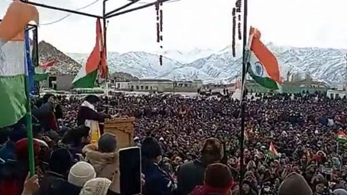Screenshot of a peaceful protest last month for the Sixth Schedule in Ladakh | Twitter video/Sajjad Kargili