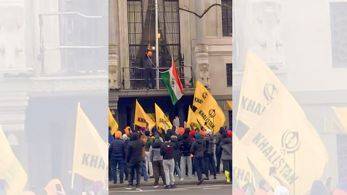 Khalistani elements attempting to pull down the Indian flag but the flag was rescued by the Indian security personnel at the High Commission of India, in London on Sunday, 20 March, 2023 | ANI file photo