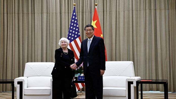 U.S. Treasury Secretary Janet Yellen shakes hands with China's Vice Premier He Lifeng before a meeting at the Guangdong Zhudao Guest House, in Guangzhou, Guangdong province, China, April 6, 2024 | Reuters