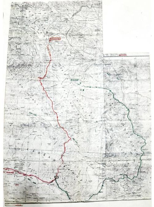 Route map to Mamostong Kangri prepared by Stallbohm and given to Kumar. The upper left portion showing the Mamostong Kangri is from NI 43-04 (Chulung Sheet), the bottom left portion from NI 43-8 (Leh Sheet) and the portion right of the centre showing Saltoro Kangri is from NI 44-5 (Shyok Sheet) | Amit Paul
