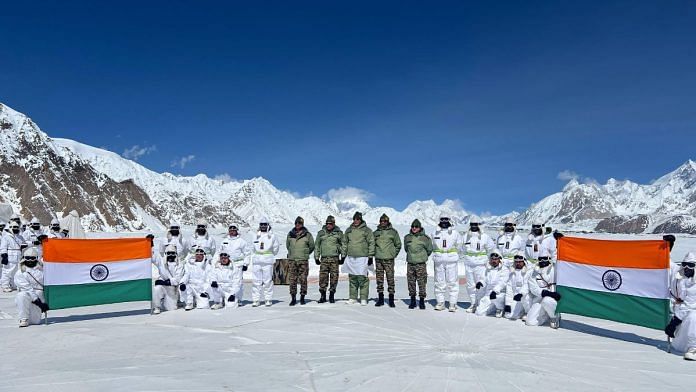 Defence Minister Rajnath Singh in a group photo with the Armed Forces personnel deployed at Kumar post of Siachen Glacier in Ladakh | Representational image | ANI